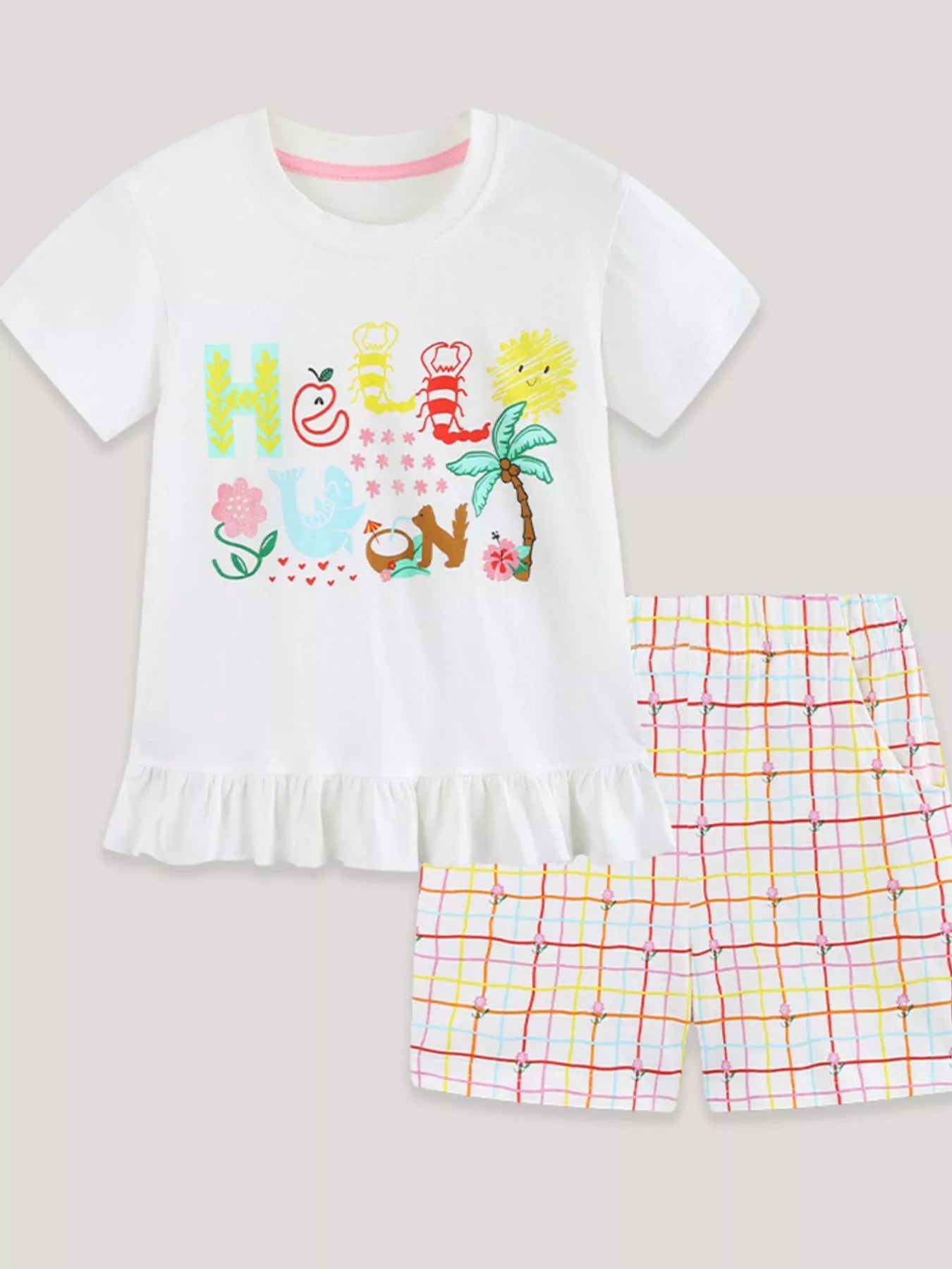 Cartoon Graphic Ruffle Trim Tee & Plaid Shorts Set in White for Girls