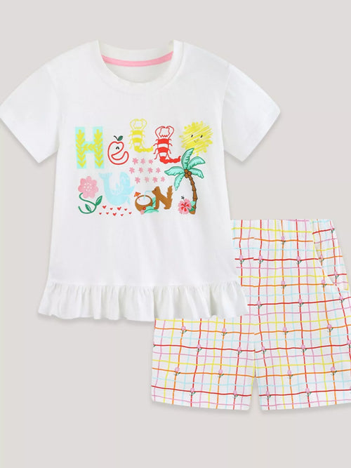 Cartoon Graphic Ruffle Trim Tee & Plaid Shorts Set in White for Girls