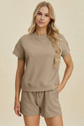 Plus Size Texture Short Sleeve Top and Shorts Set in Khaki for Women