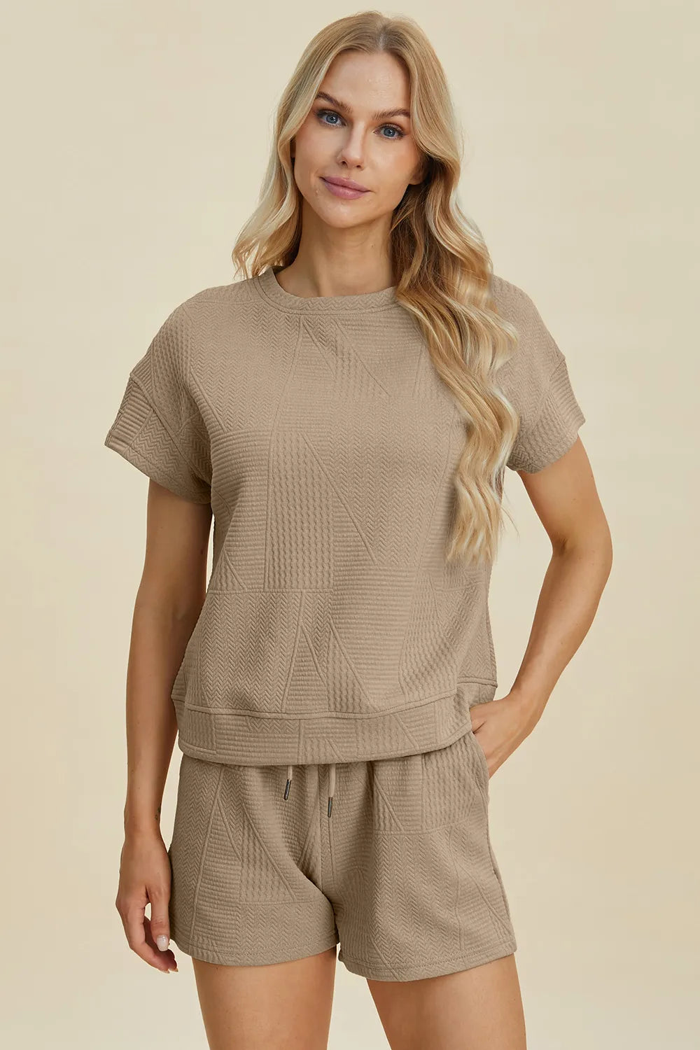 Plus Size Texture Short Sleeve Top and Shorts Set in Khaki for Women