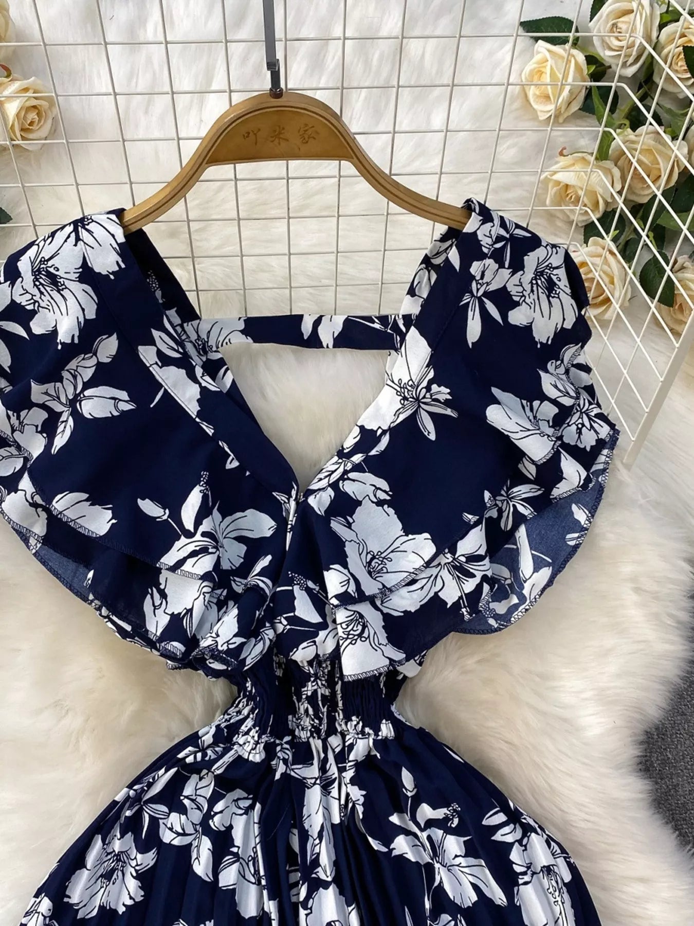 Black Floral Print Wide Leg Pleated Jumpsuit for Women
