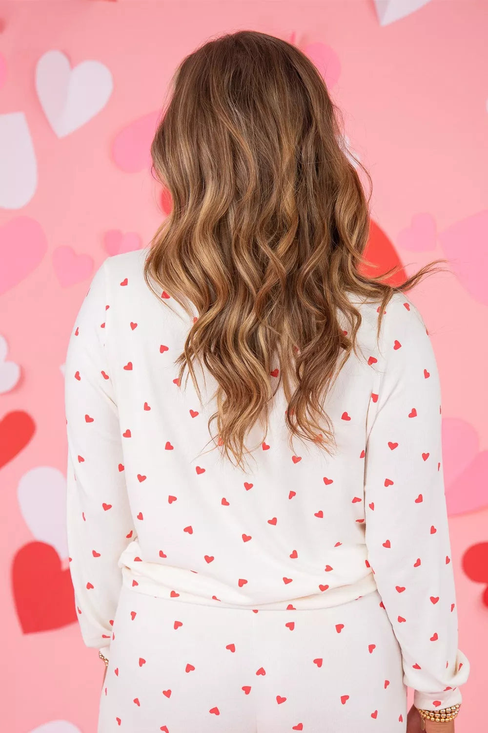 Hearts Printed Long Sleeve Top Drawstring Pants Lounge Set in White for Women