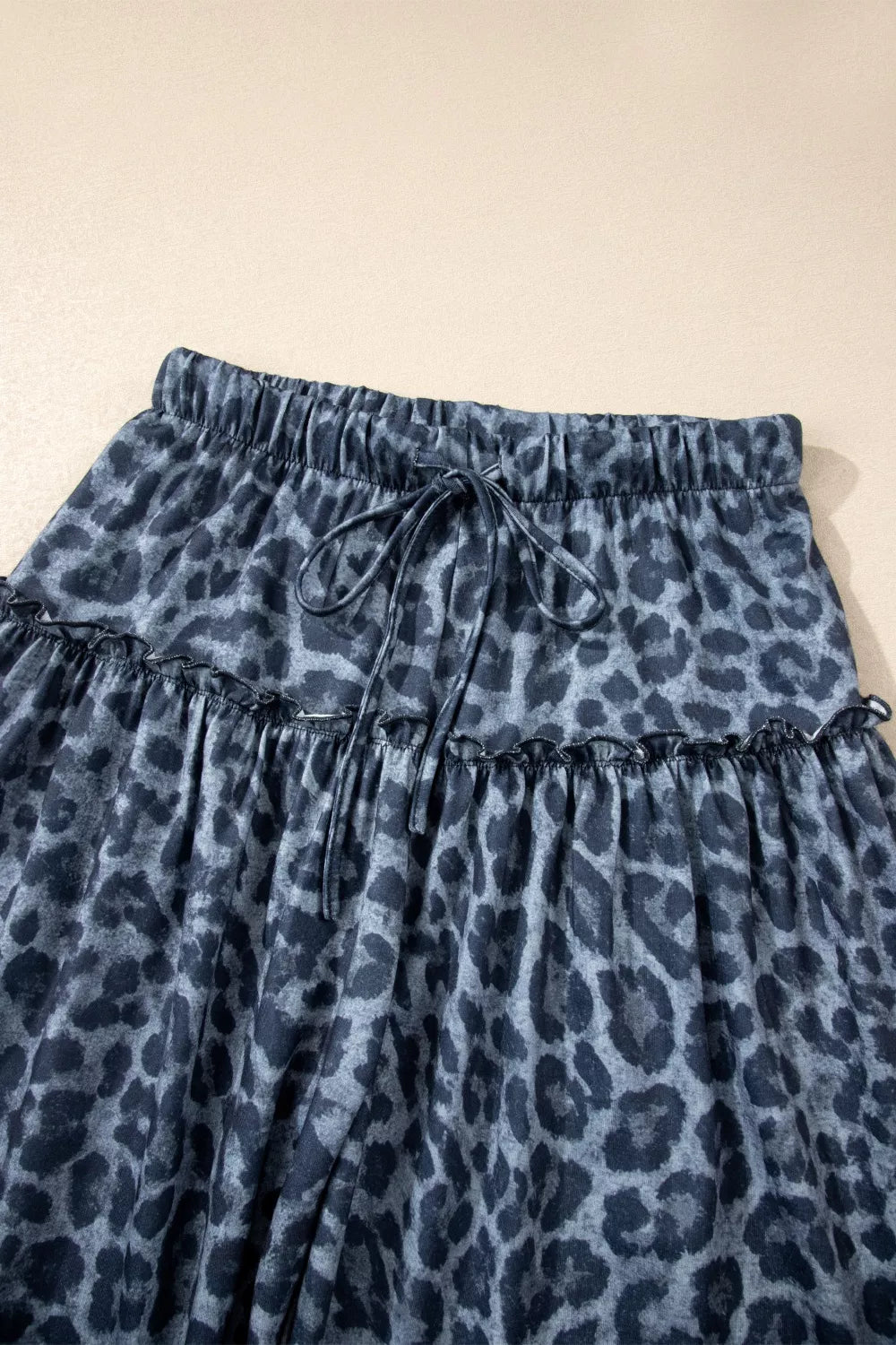 Leopard Print Frilled Detail Drawstring Wide Leg Pants in Dark Navy for Women
