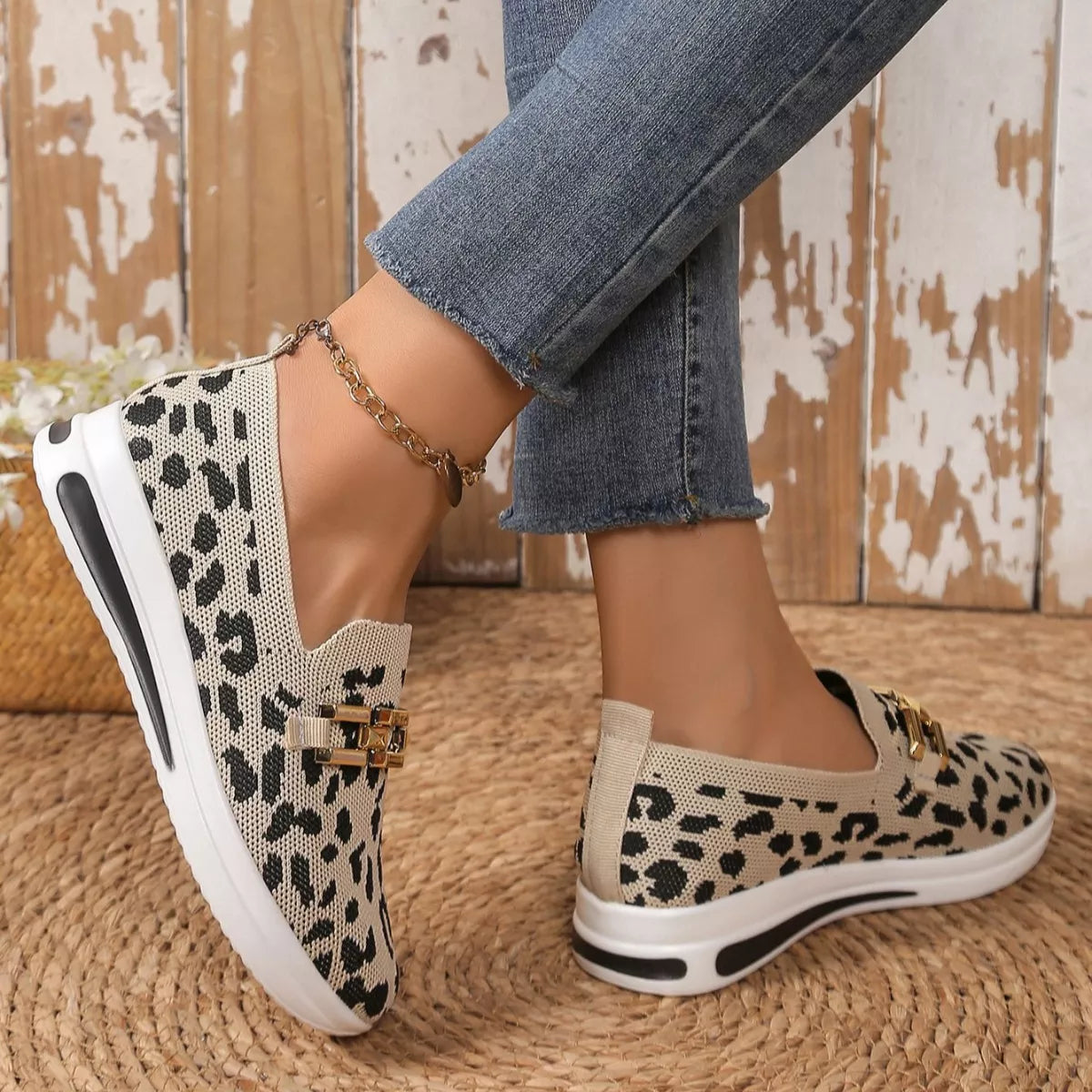 Leopard Round Toe Slip-Ons in Red Leopard Print for Women