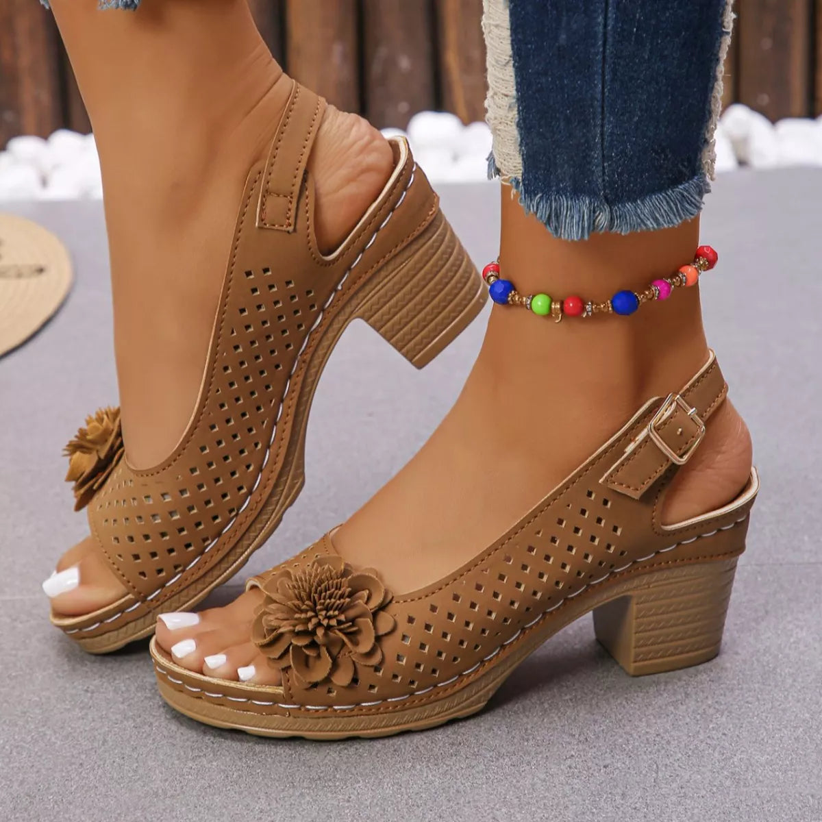 Floral Accent Block Heel Sandals in Red for Women