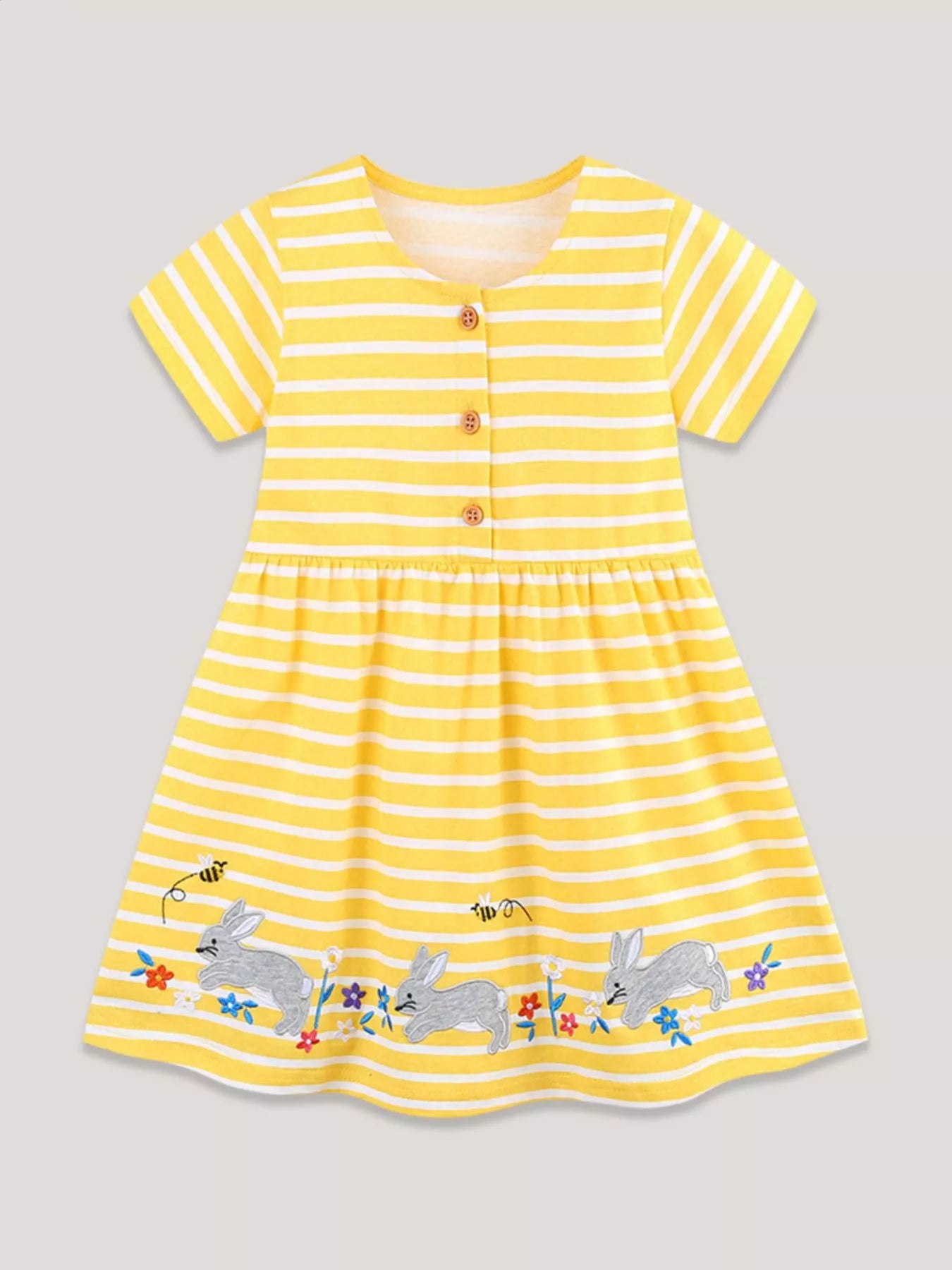 Striped Bunny Embroidered Button-Front Dress in Yellow for Boys