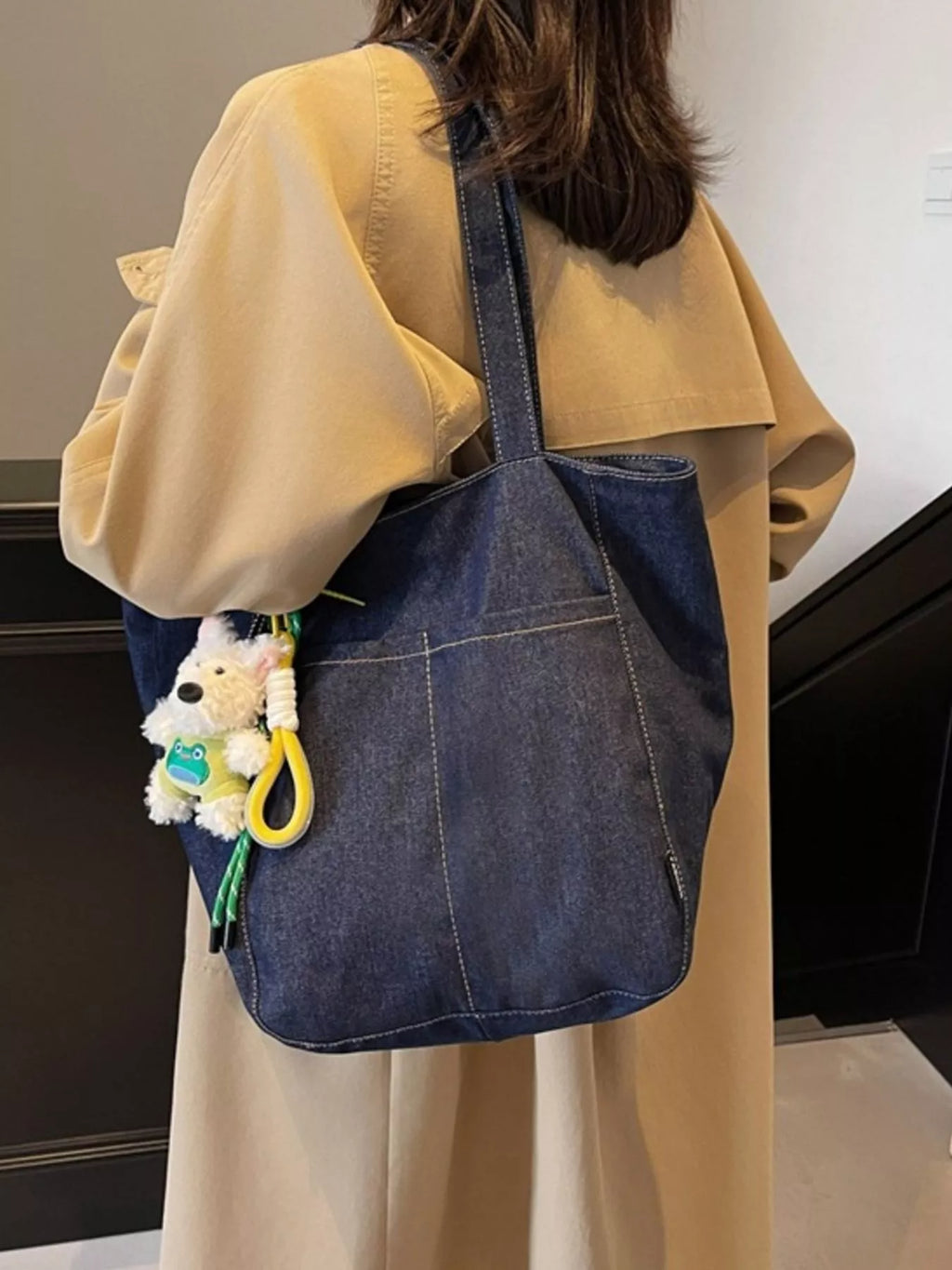 Denim Shoulder Bag with Cute Charm for Women