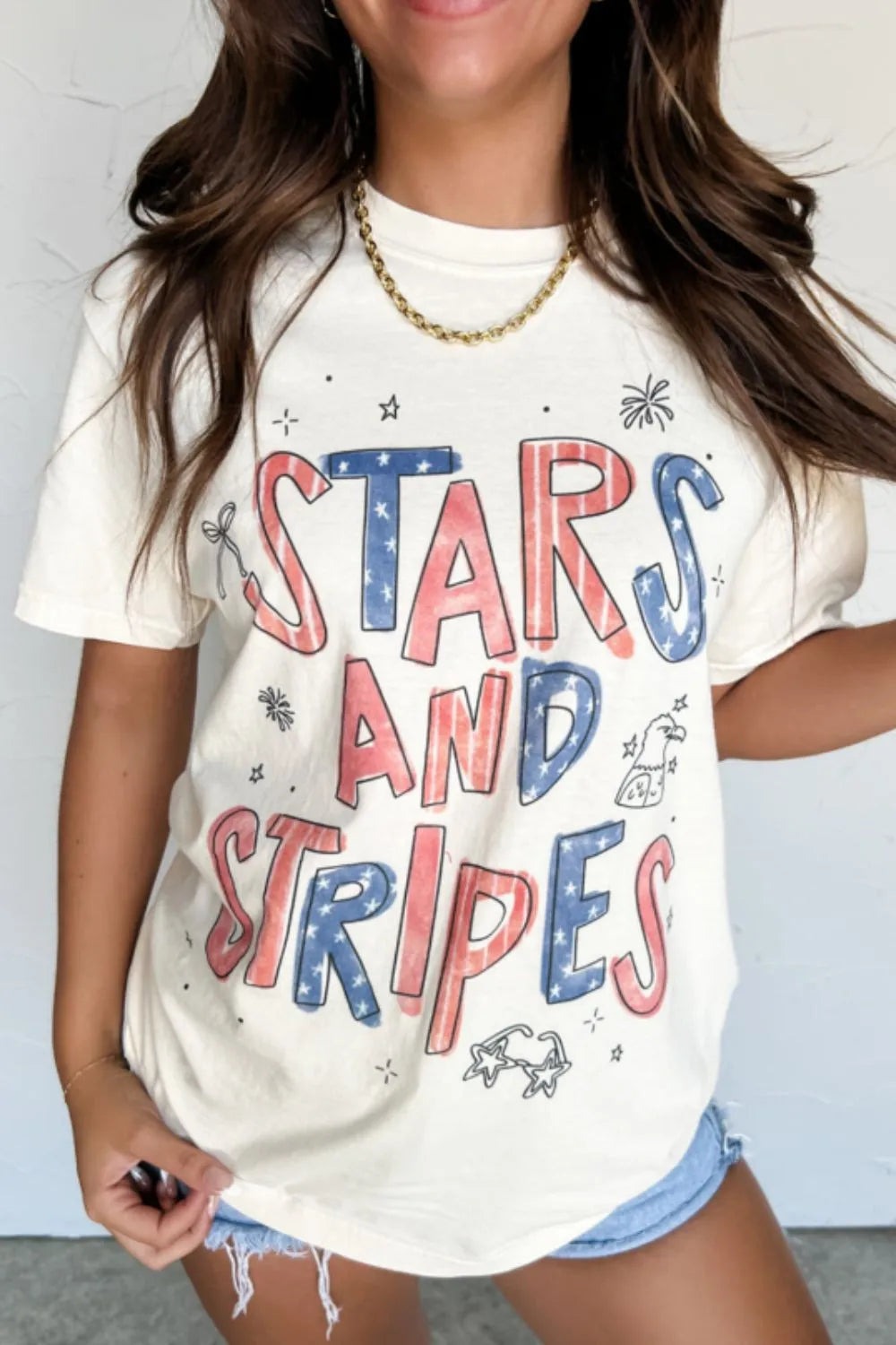 Stars and Stripes Patriotic Graphic T-Shirt in White for Women