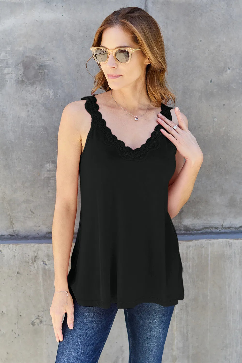 Plus Size Lace Detail V-Neck Cutout Cami in Caramel for Women