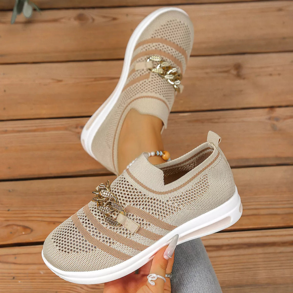 Round Toe Mesh Slip-Ons in Cream White for Women