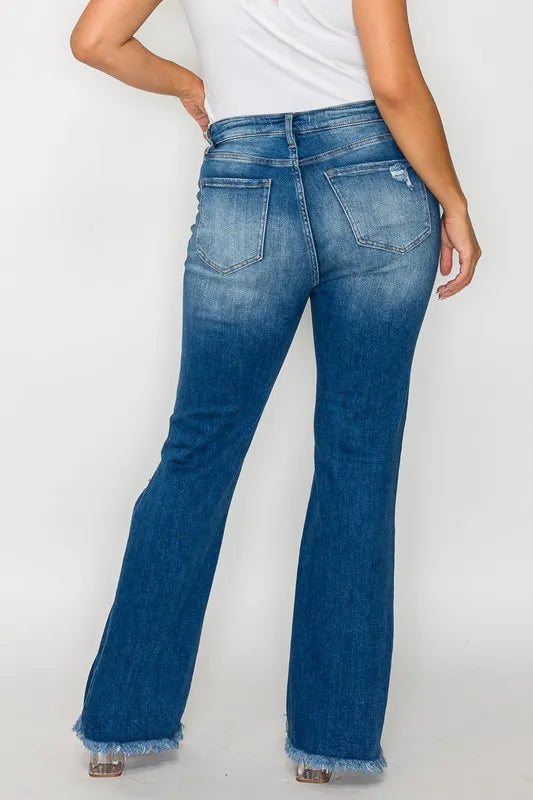 Plus Size Raw Hem Distressed High Rise Bootcut Jeans in Medium for Women