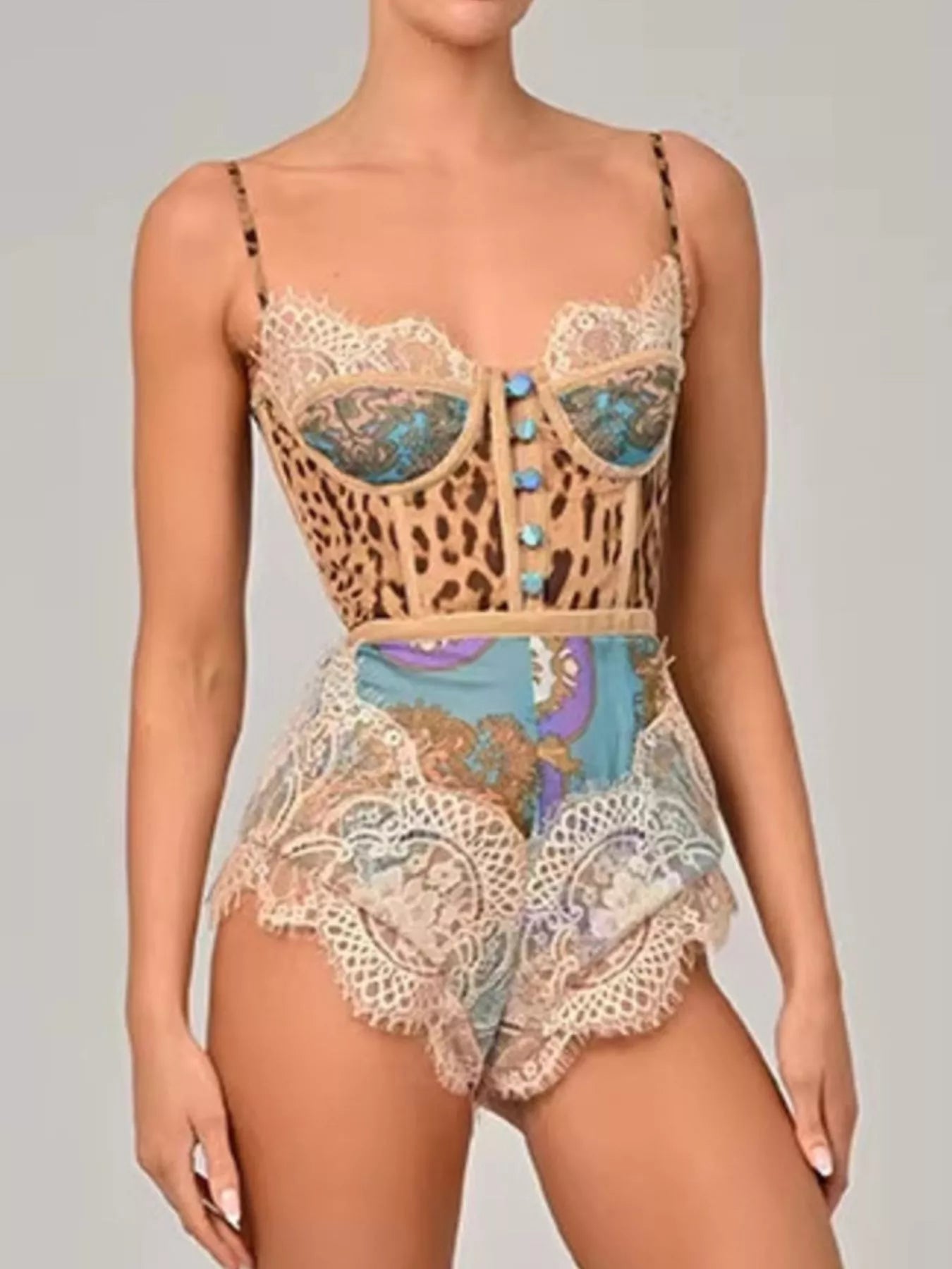 Leopard Print Lace Trim Romper in Multicolor for Women