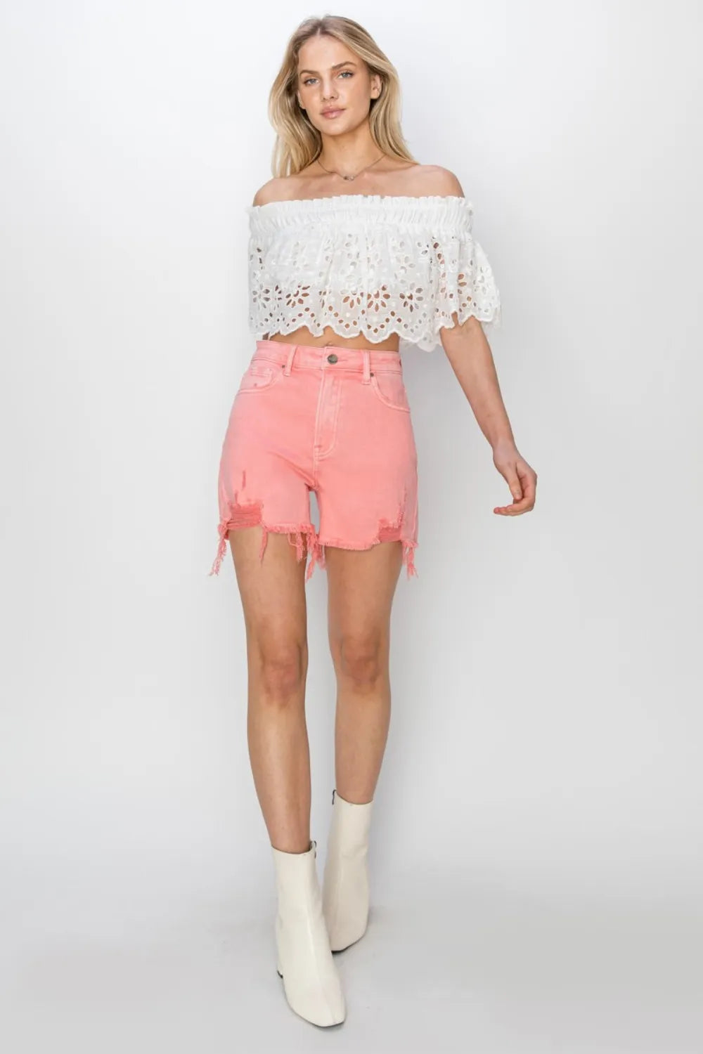 High Rise Distressed Denim Shorts in Flamingo for Women