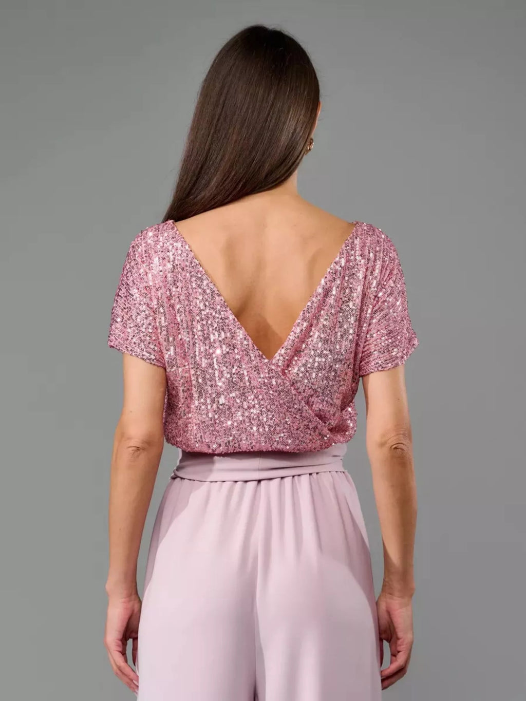 Plus Size Sequin Short Sleeve Wide Leg Jumpsuit in Pink for Women