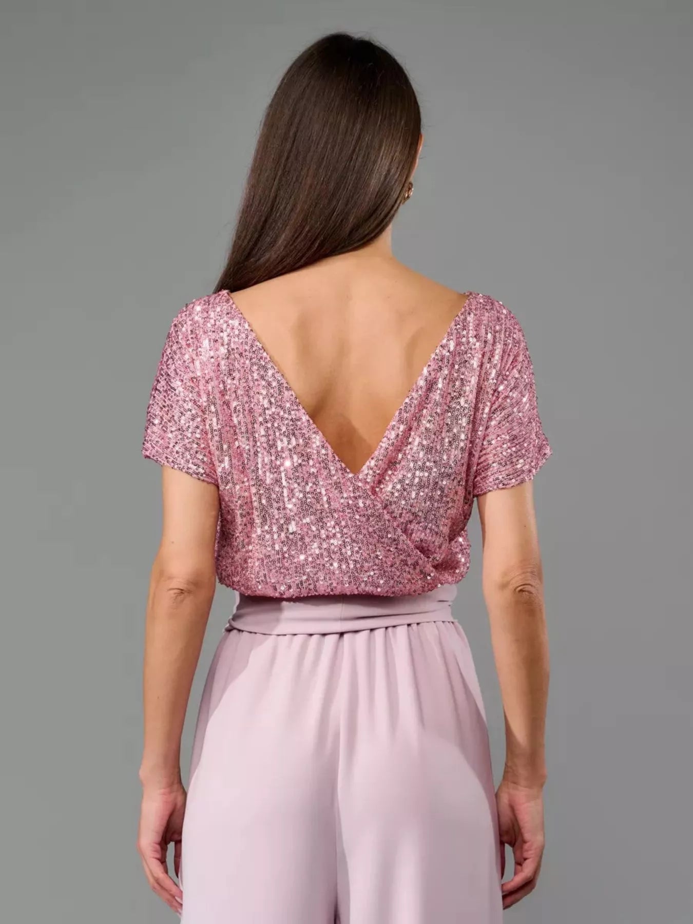 Plus Size Sequin Short Sleeve Wide Leg Jumpsuit in Pink for Women