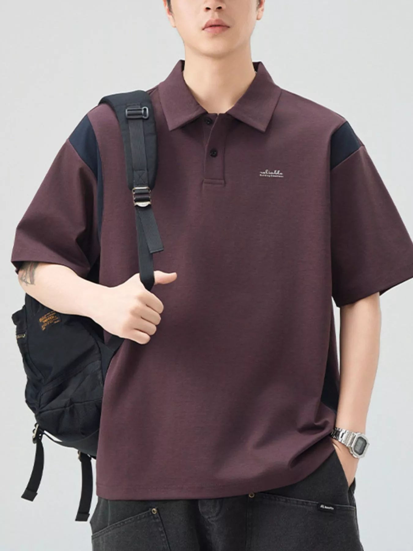 Plus Size Button Detail Short Sleeve Polo in Khaki Green in Purple for Men