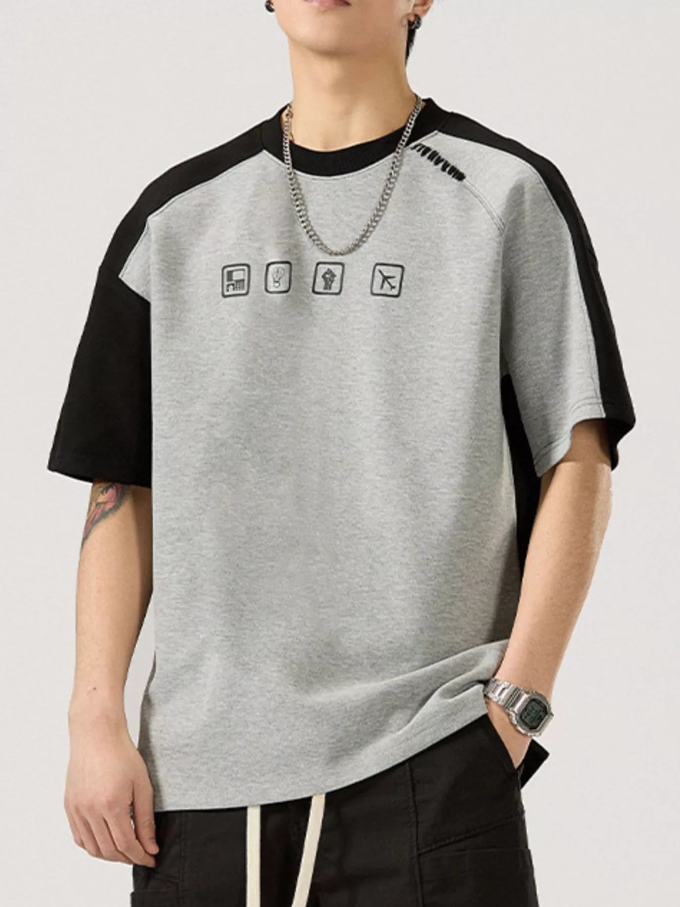 Contrast Sleeve Casual T-Shirt Plus Size in Ivory for Men