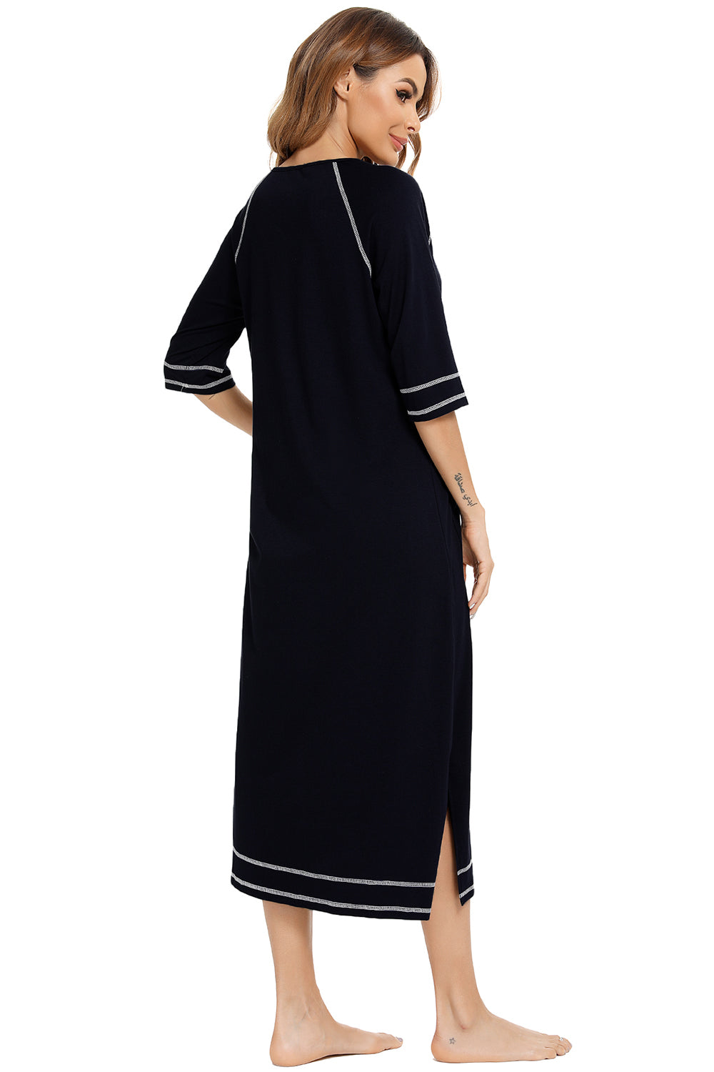 Zip Up Slit Round Neck Night Dress with Pockets in Peacock Blue for Women