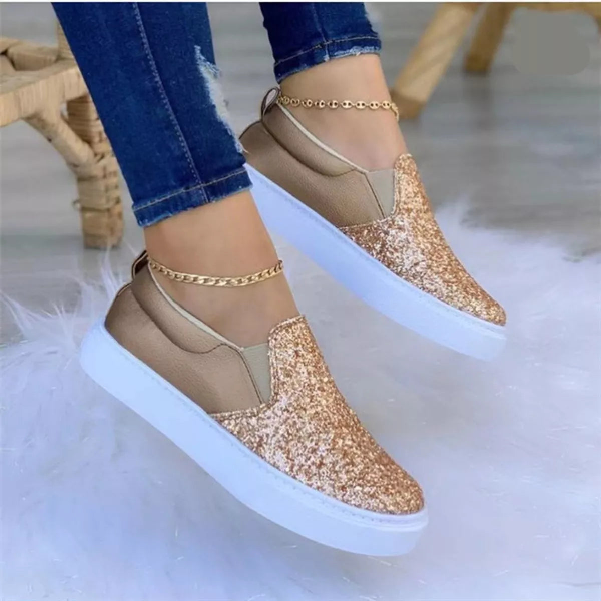 Sequin Round Toe Platform Slip-Ons in Black for Women