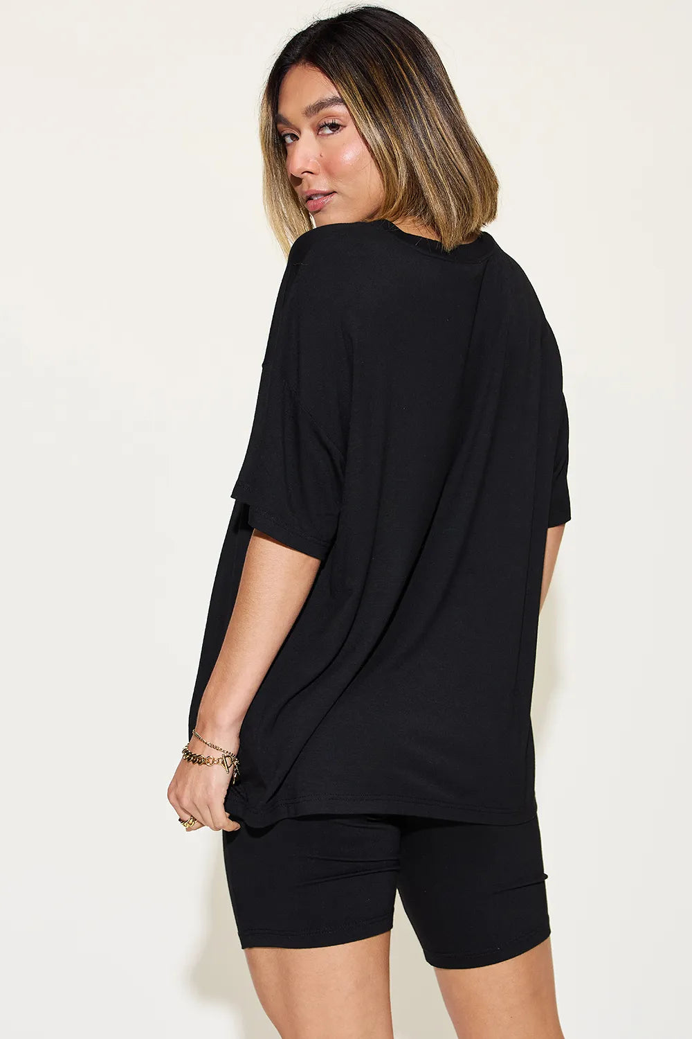 Plus Size V-Neck Drop Shoulder T-Shirt and Shorts Set in Dark Gray for Women