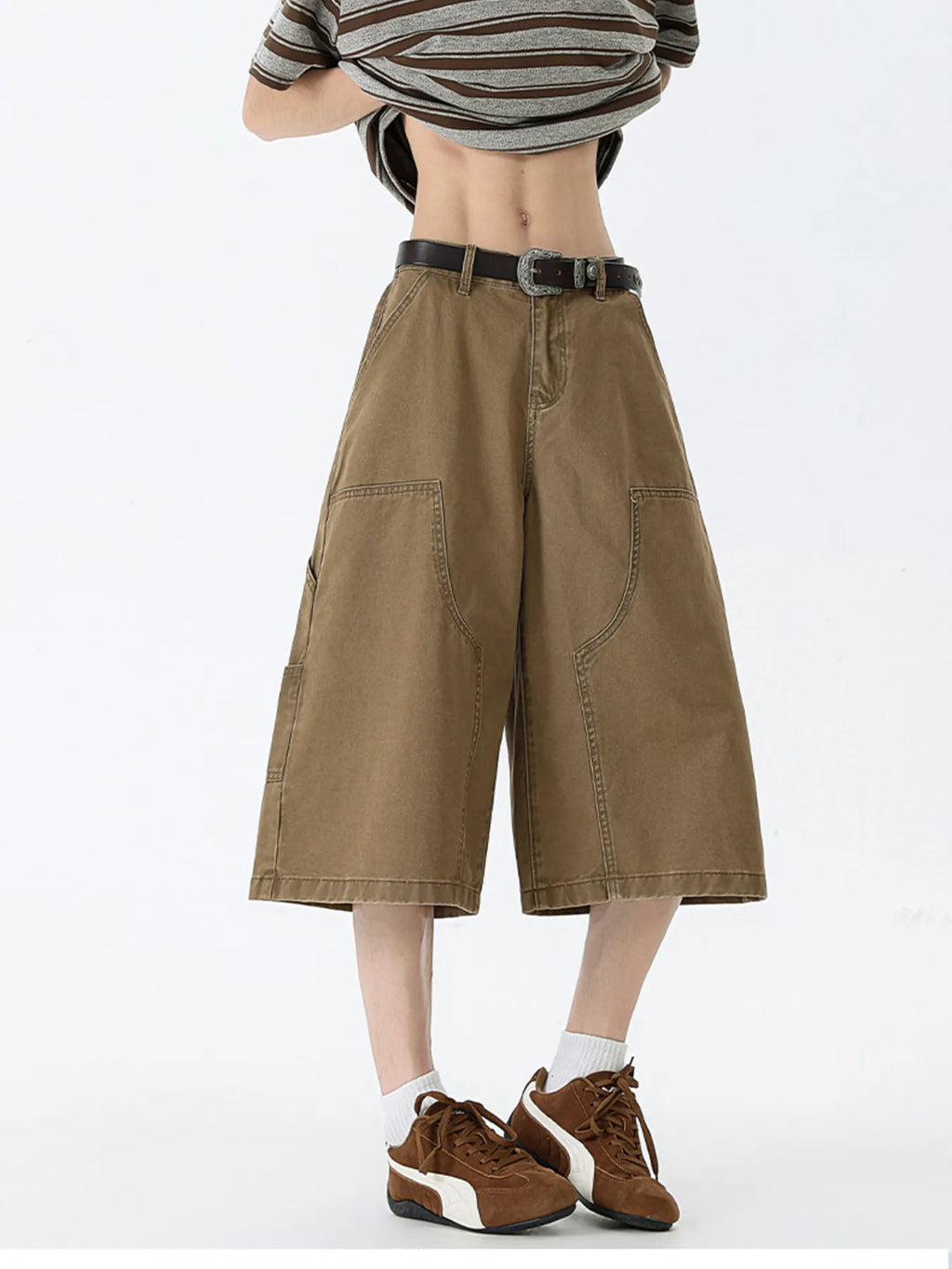 Wide Leg Cargo Denim Shorts Plus Size in Off-White for Men