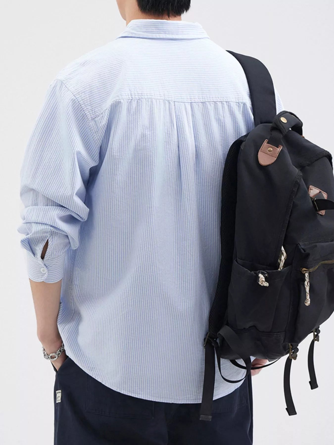 Plus Size Striped Button Up Long Sleeve Shirt in Light Blue for Men