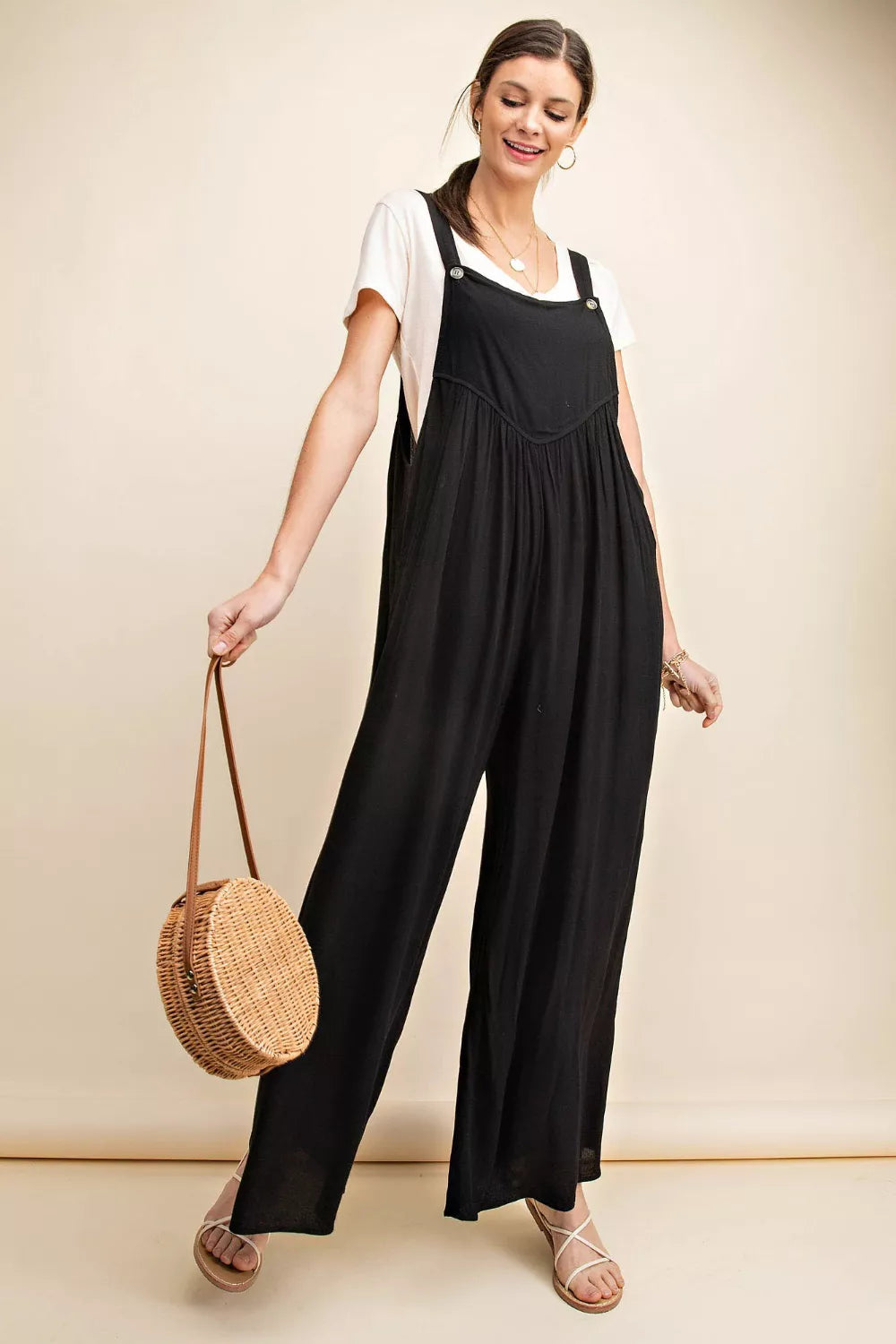 Kori America Plus Size Sleeveless Ruched Wide Leg Overalls in Black for Women