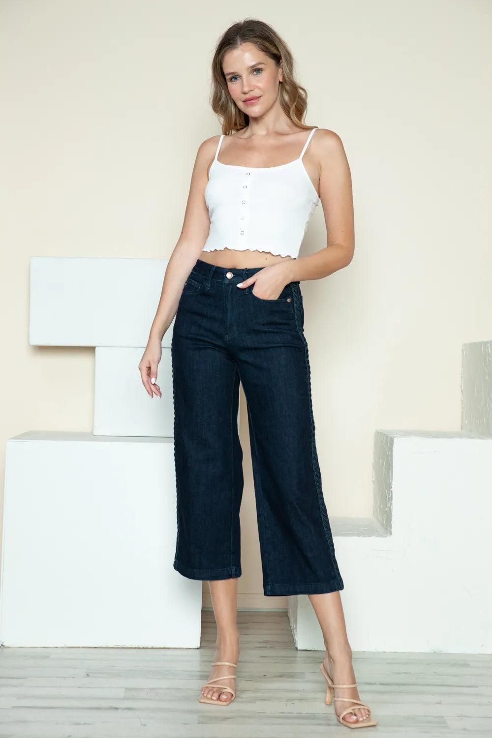 Plus Size Side Seam Braid Detail Crop Wide Leg Jeans in Dark for Women