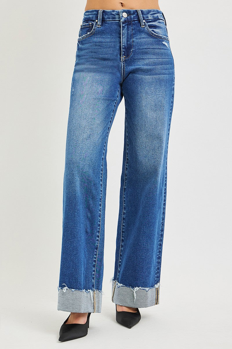 High Rise Wide Leg Jeans with Cuffed Hem in Medium for Women