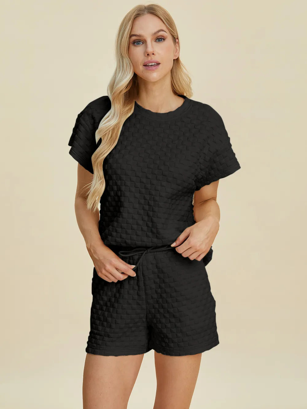 Plus Size Texture T-Shirt and Shorts Set in Royal Blue for Women