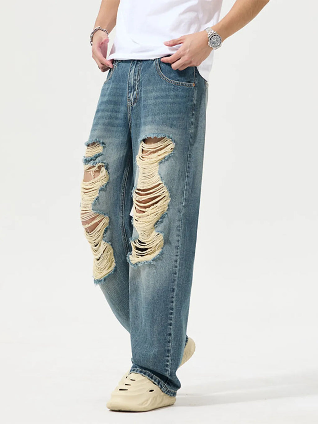 Distressed Wide Leg Jeans Plus Size in Blue for Men