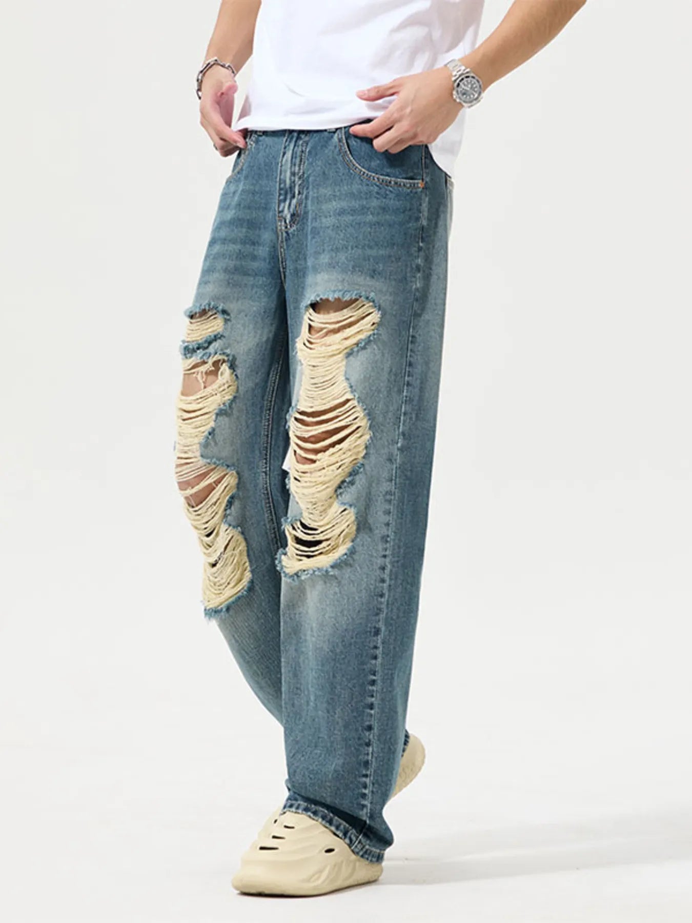 Distressed Wide Leg Jeans Plus Size in Blue for Men