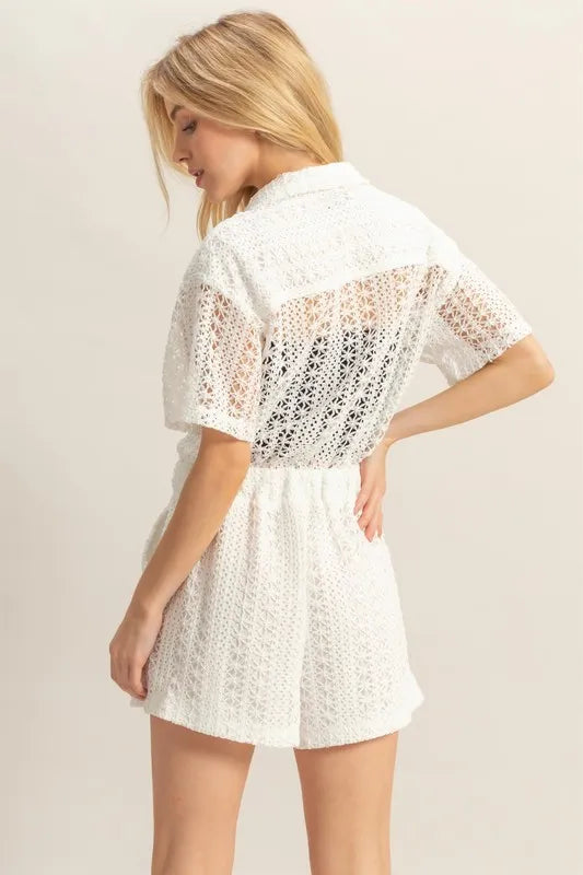 Crochet Button Front Short Sleeve Romper in White for Women