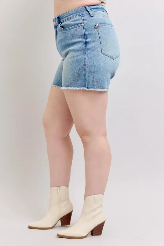 High Waist Western Embroidery Detail Cut Off Denim Shorts Plus Size for Women