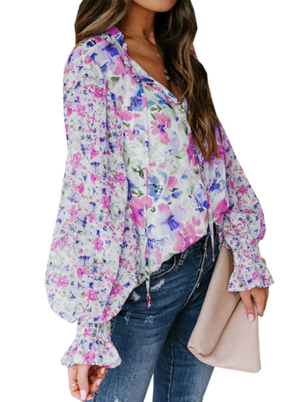 Floral Print Smocked Cuff Blouse Plus Size in Pink for Women