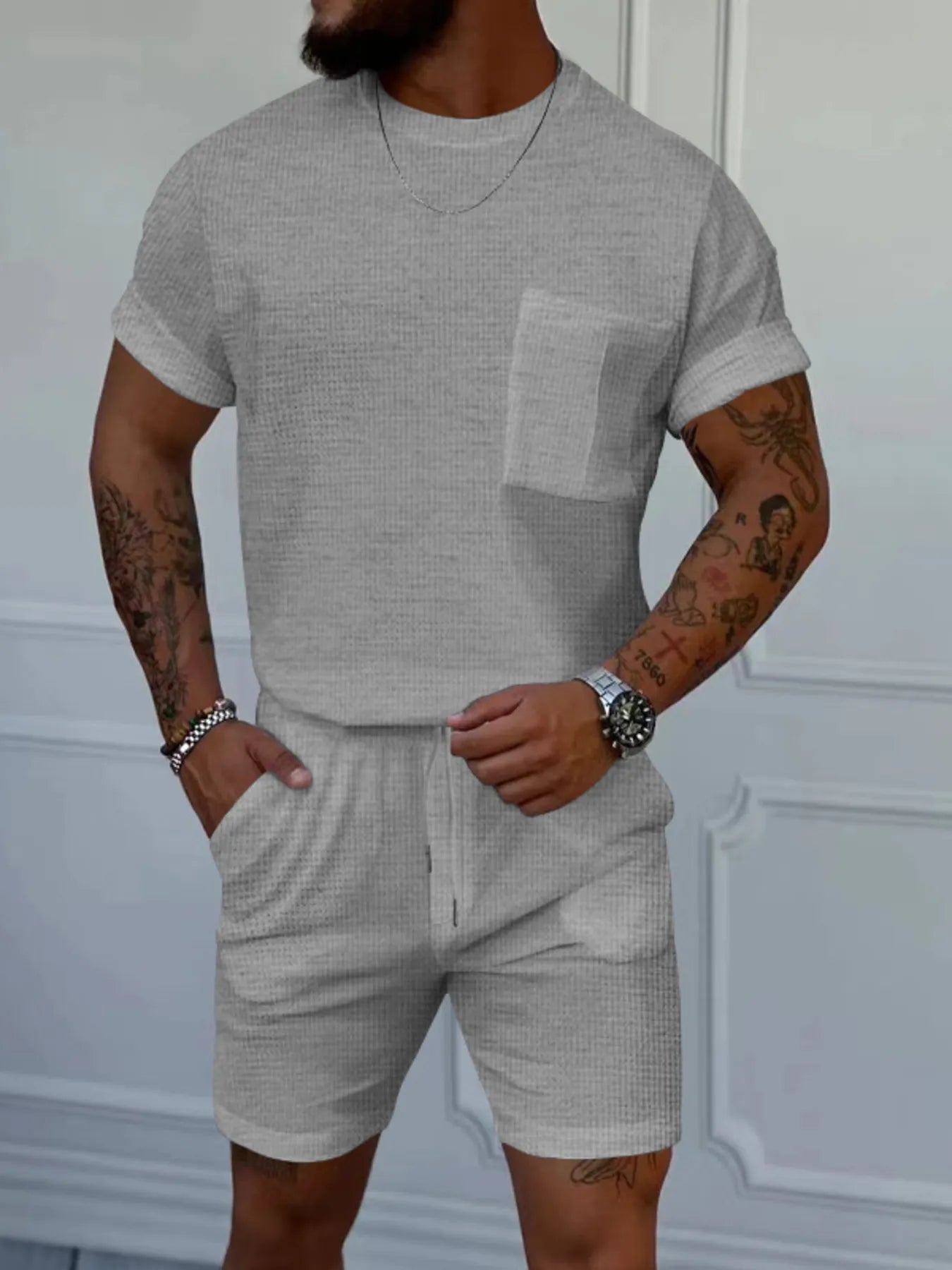 Round Neck Short Sleeve Top and Shorts Set Plus Size in Classic in White for Men