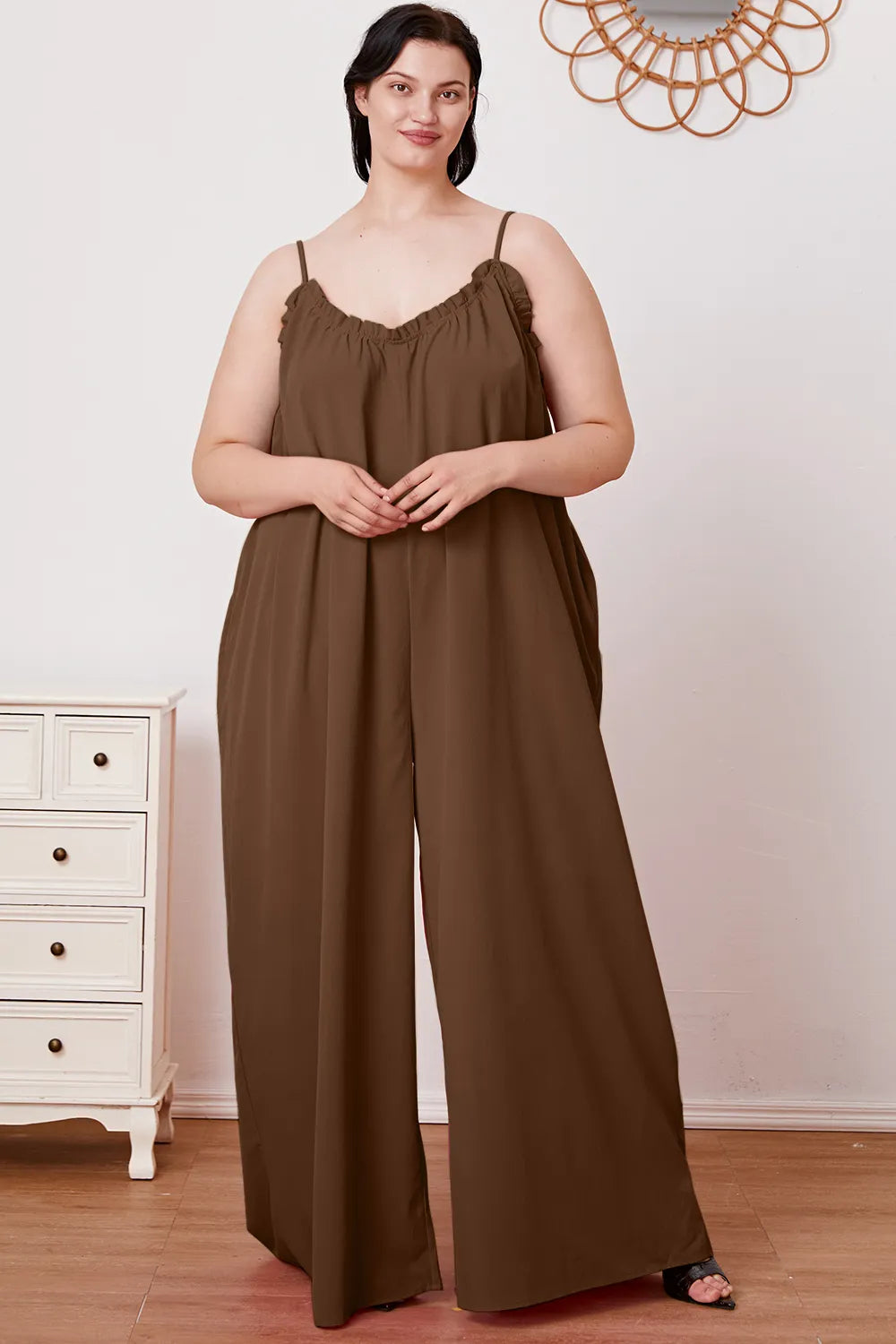Plus Size Ruffle Trim Tie Back Cami Jumpsuit with Pockets in Mocha for Women