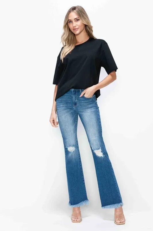 Plus Size Raw Hem Distressed High Rise Bootcut Jeans in Medium for Women
