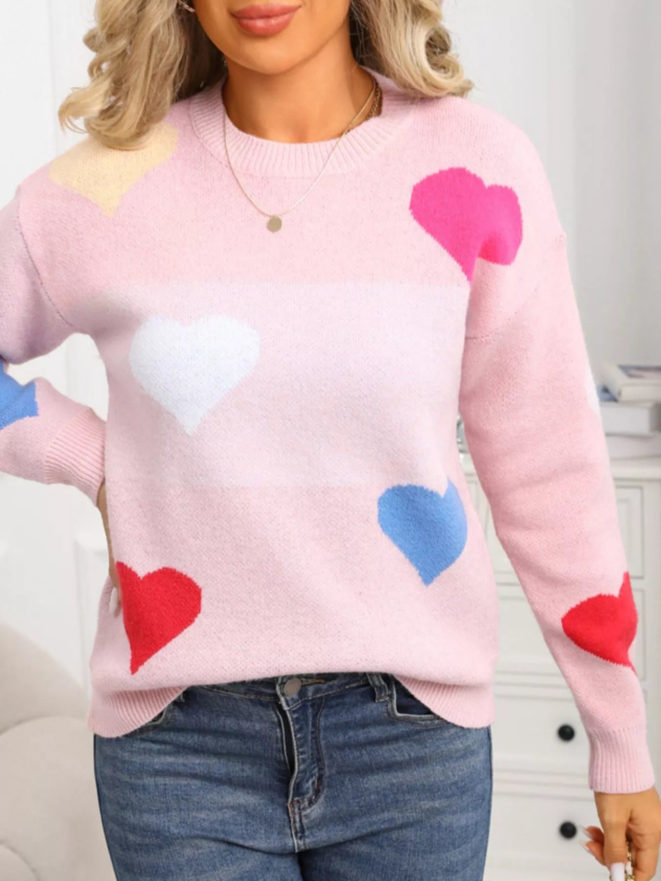 Valentines Day Heart Round Neck Dropped Shoulder Sweater in Pink for Women