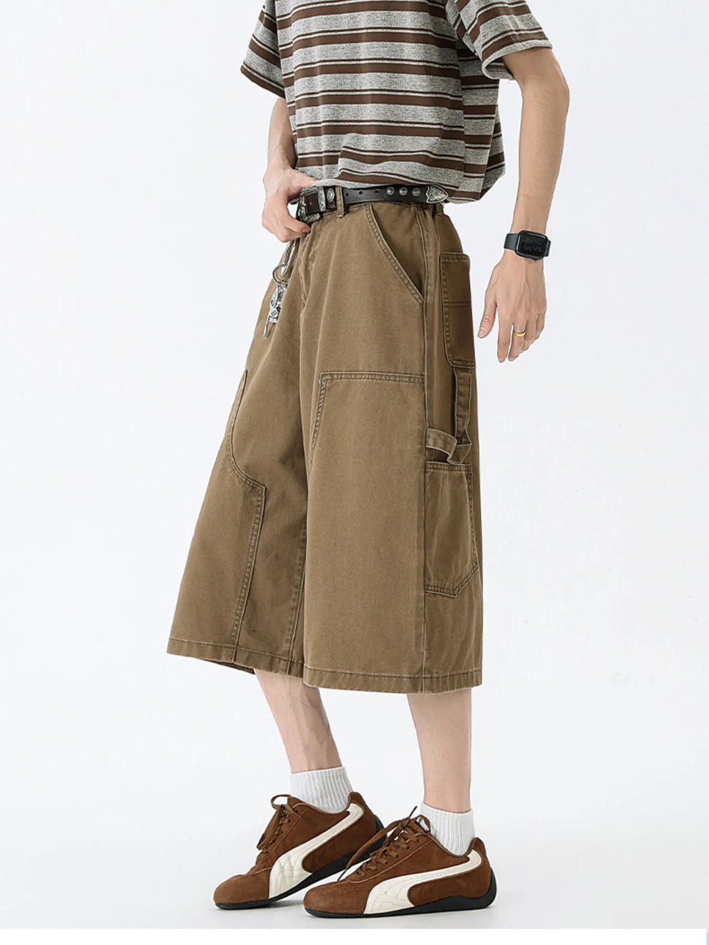 Wide Leg Cargo Denim Shorts Plus Size in Off-White for Men