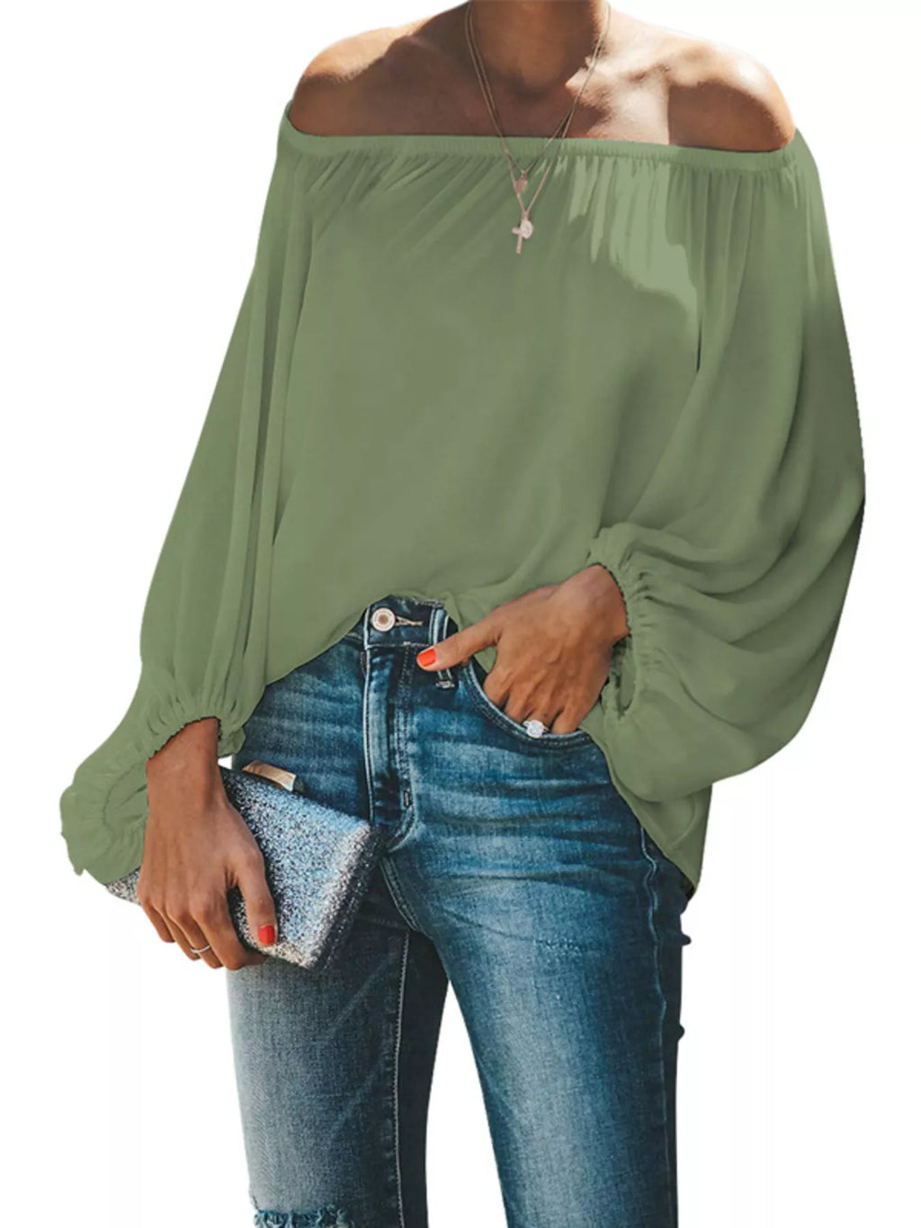 Off-Shoulder Balloon Sleeve Blouse Plus Size in White for Women