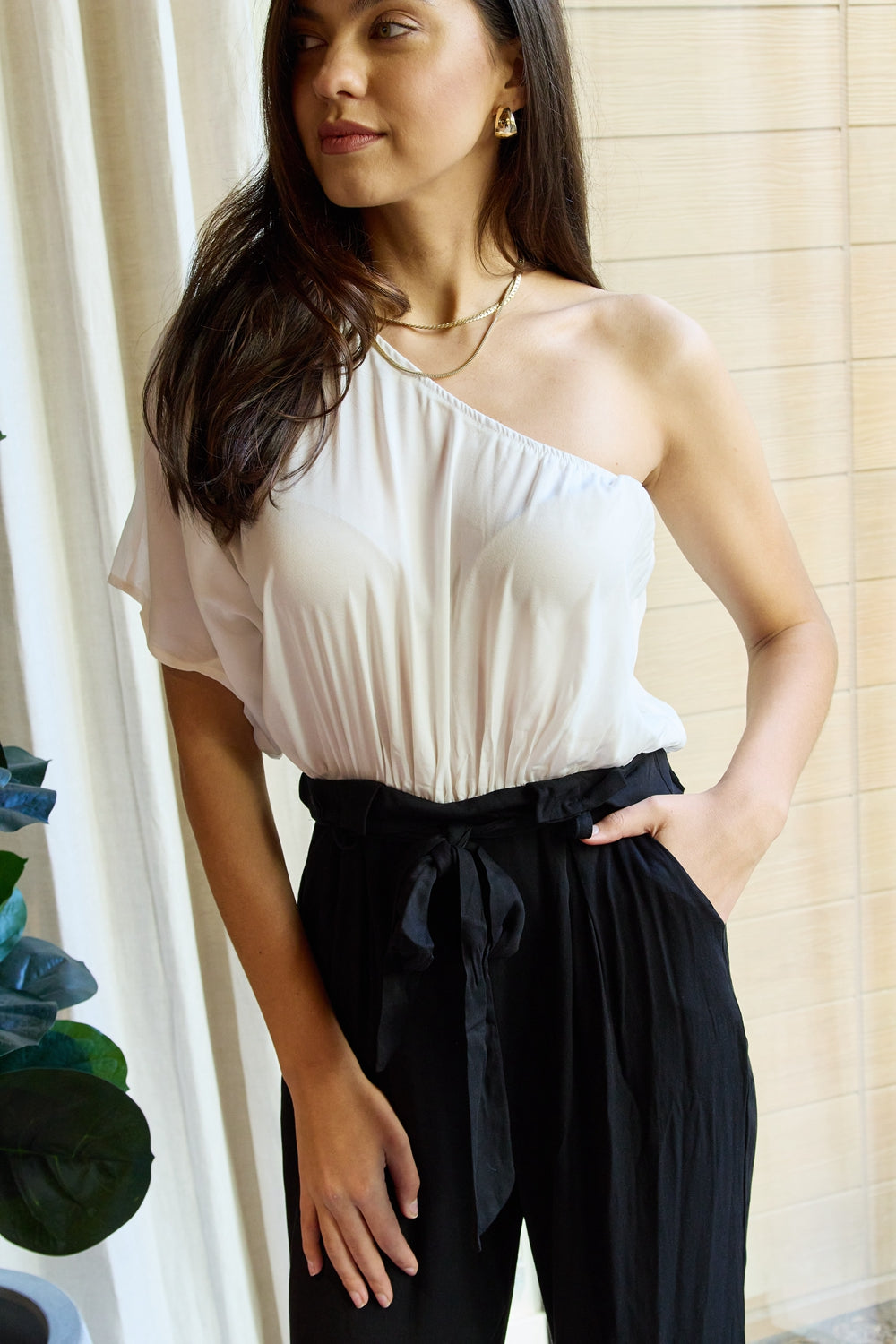 Marvelous in Manhattan One-Shoulder Jumpsuit in White/ Black for Women