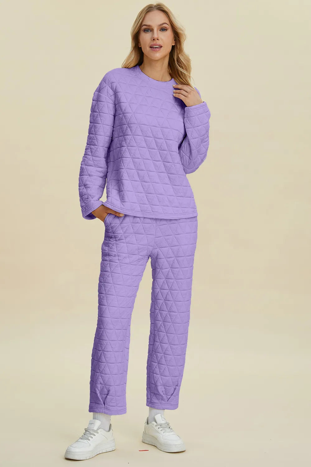 Plus Size Texture Round Neck Long Sleeve Top and Pants Set in Black for Women