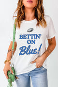Letter Graphic Round Neck Short Sleeve T-Shirt in Peacock Blue for Women
