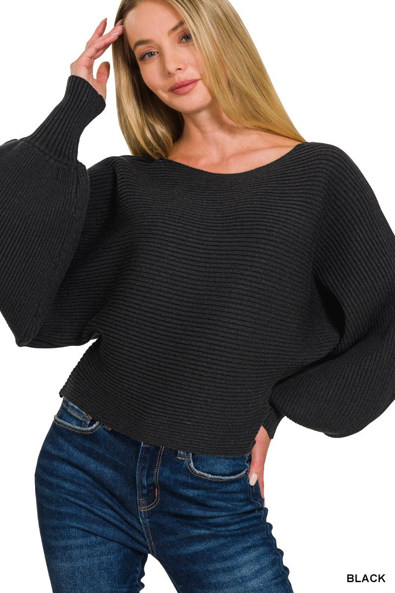 Boat Neck Balloon Sleeve Sweater in Black for Women