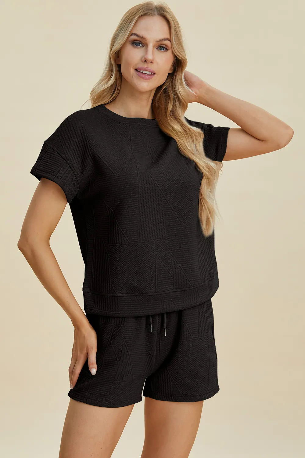 Plus Size Texture Short Sleeve Top and Shorts Set in Brown for Women