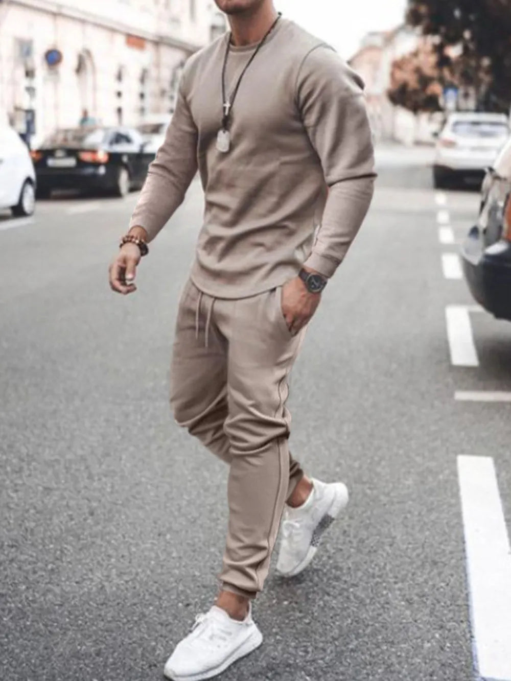 Round Neck Long Sleeve Top and Pants Set Plus Size in Black for Men