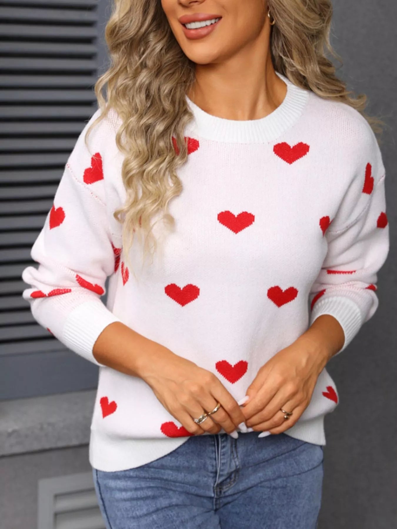 Valentines Day Heart Pattern Dropped Shoulder Sweater in White for Women