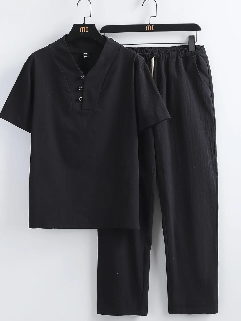 Plus Size V-Neck Short Sleeve Top and Pants Set in White for Men