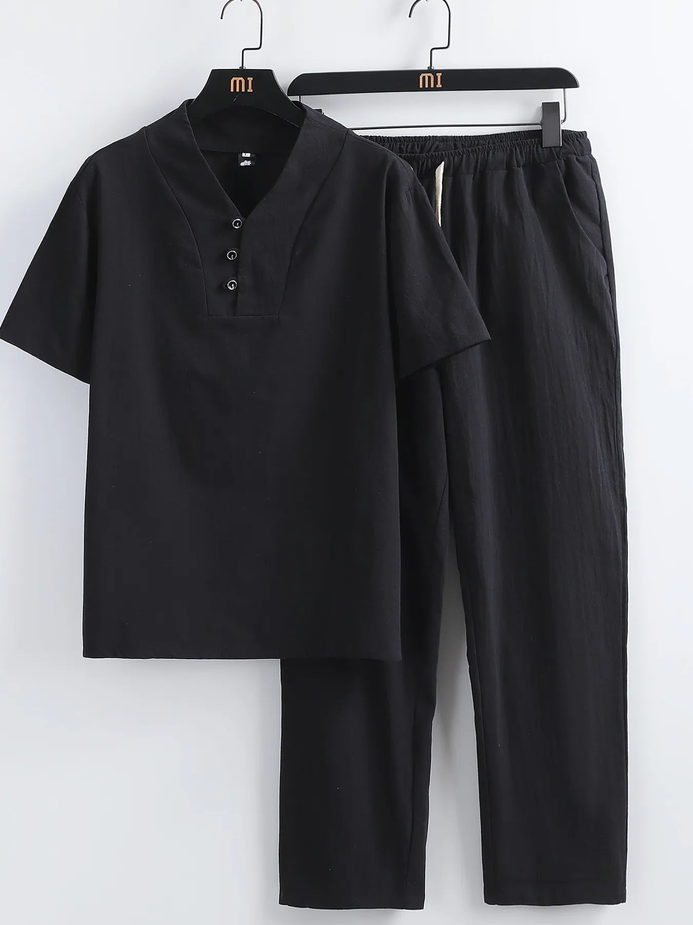 Plus Size V-Neck Short Sleeve Top and Pants Set in White for Men